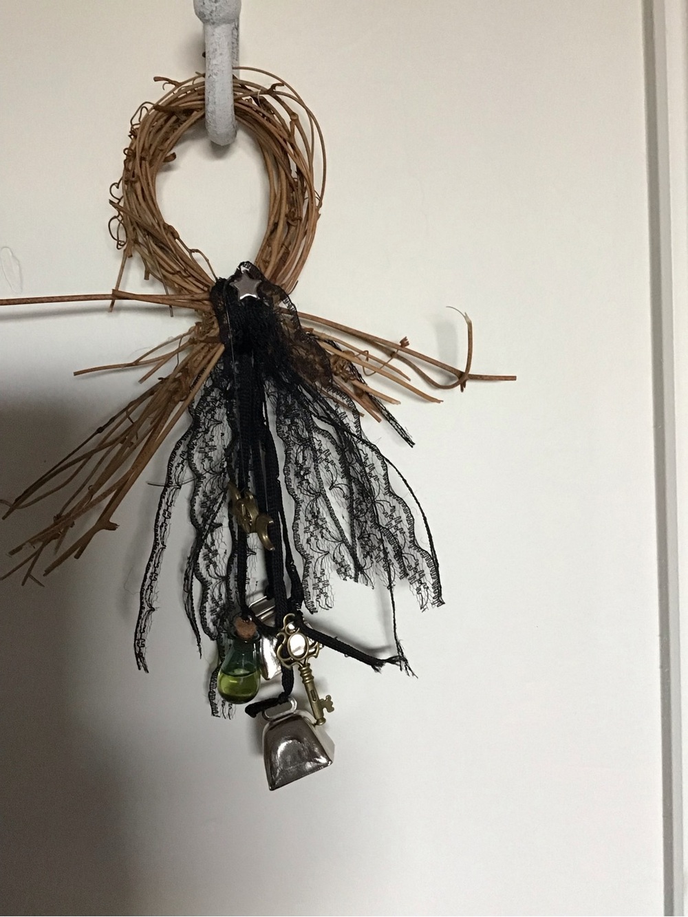 Handcrafted Rustic Wreath with Black Lace and Charm Accents